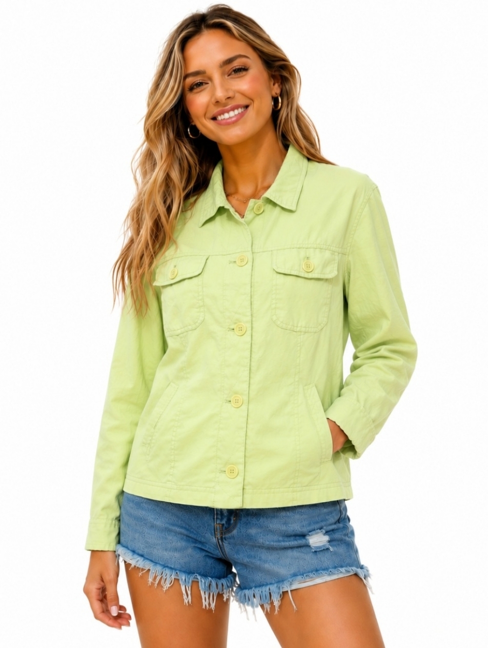 100% Linen Jacket Womens Size Large Green Button Front Utility Classic Casual - Picture 13 of 13